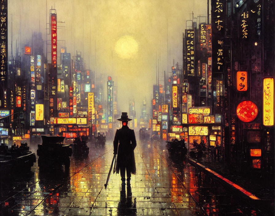 Noir-themed urban night scene with solitary figure