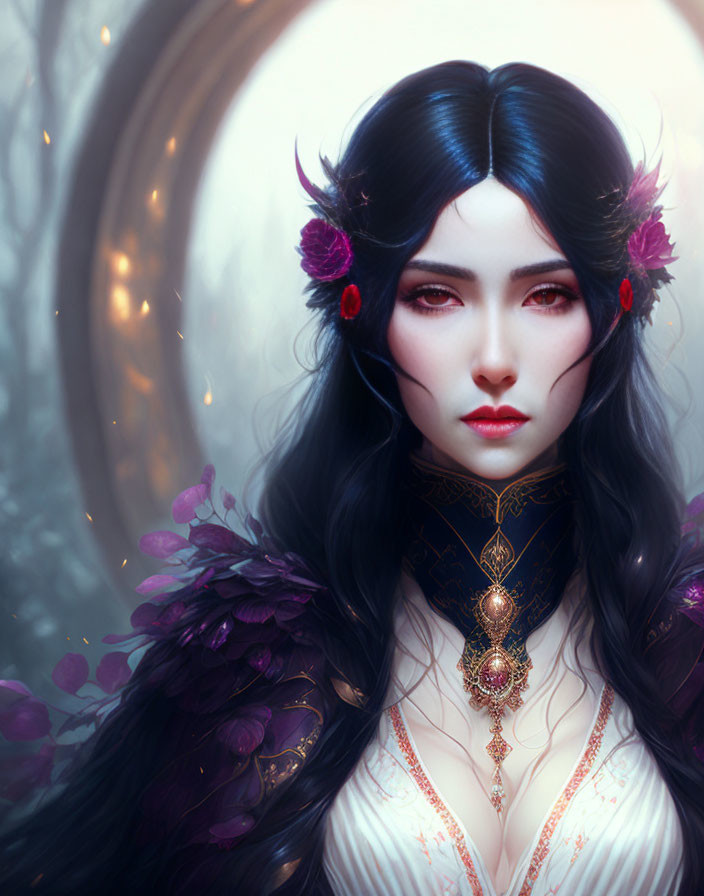 Fantasy character digital portrait with dark hair and red lips