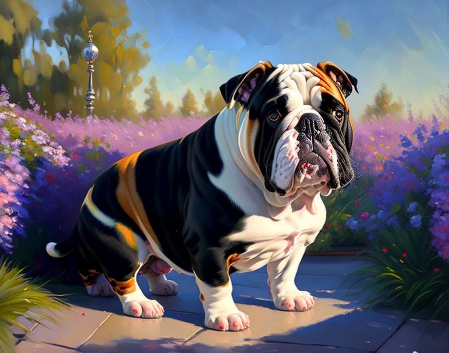 Illustrated bulldog in flower garden with minaret and sunny sky