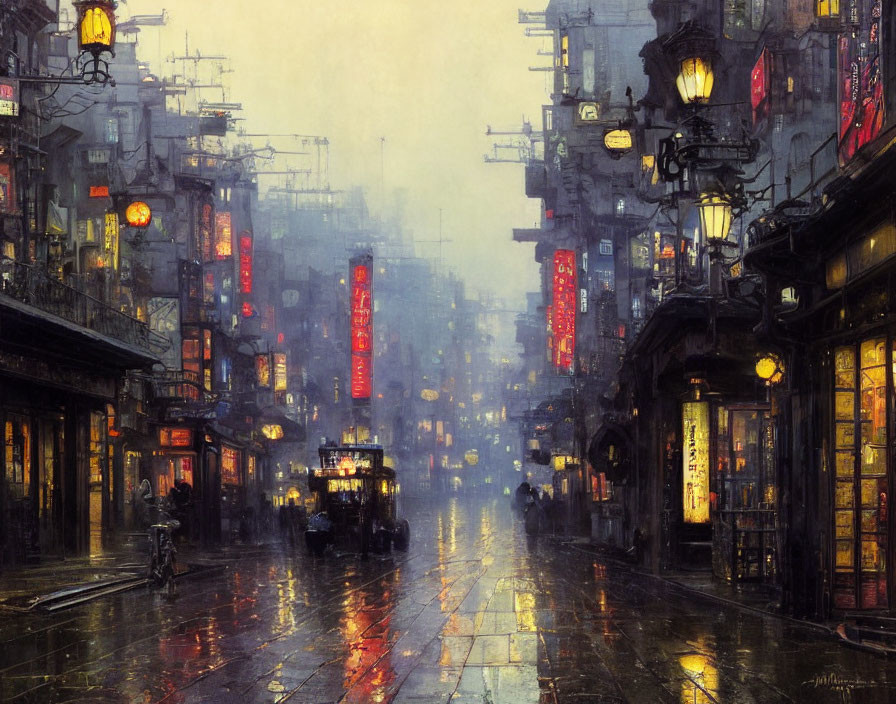 Atmospheric Asian street with lanterns and traditional architecture