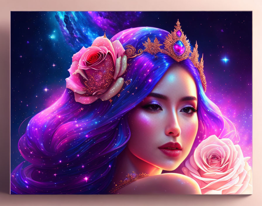 Digital Artwork: Woman with Purple Hair, Roses, and Crown on Cosmic Background