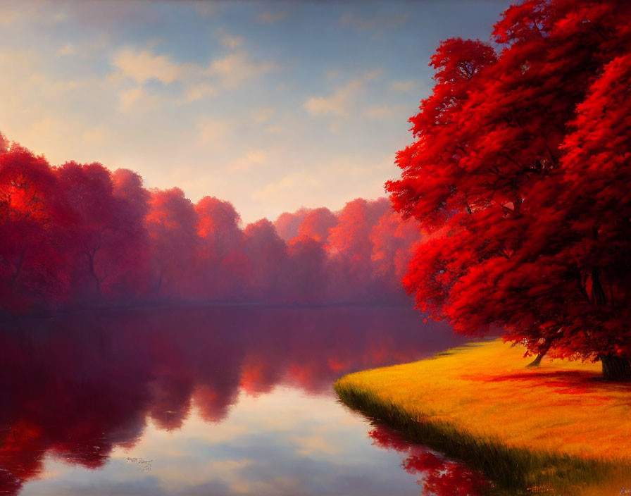 Tranquil lake mirroring red trees and golden grass at dawn or dusk