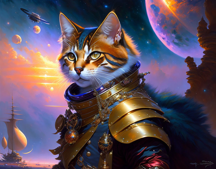 Fantastical digital artwork: Cat humanoid in ornate armor with cosmic backdrop.