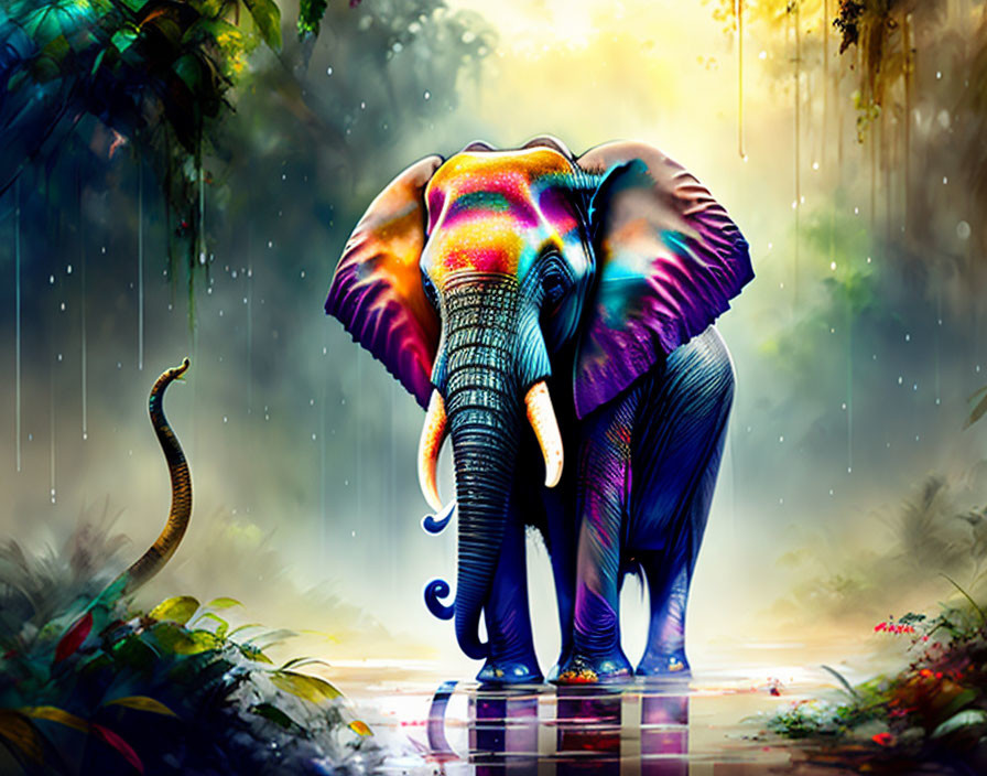 Vibrant jungle scene with colorful elephant and cobra