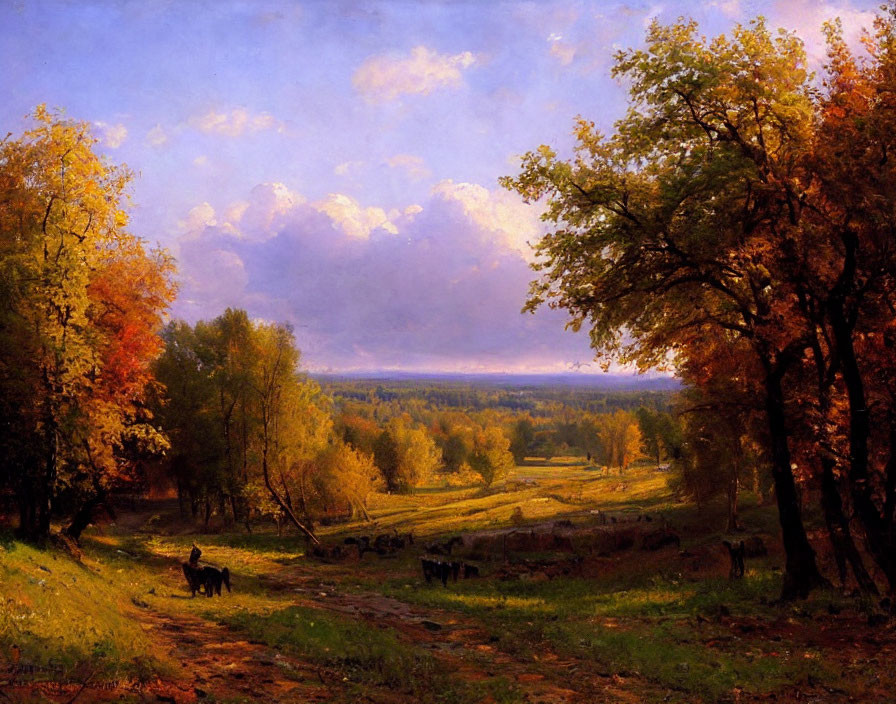 Vibrant autumn landscape with trees, figure, and horse on path