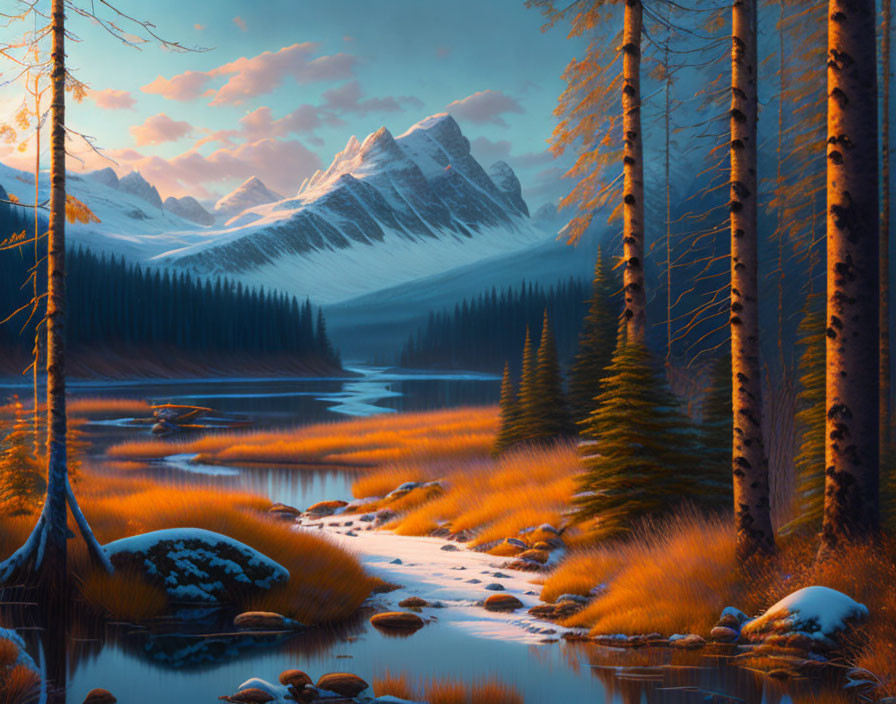 Serene mountain landscape at sunset with river, pine trees, and snowy backdrop