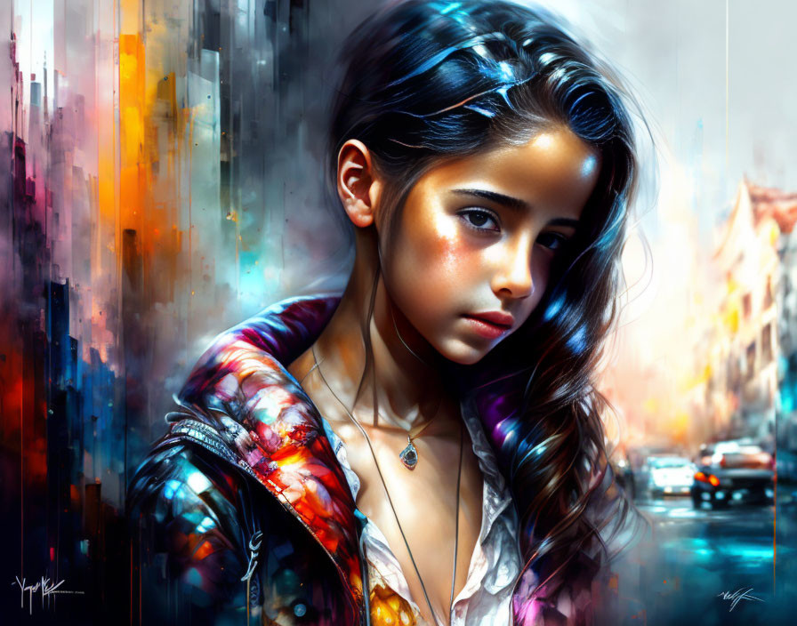 Young girl with dark hair in colorful jacket against abstract cityscape