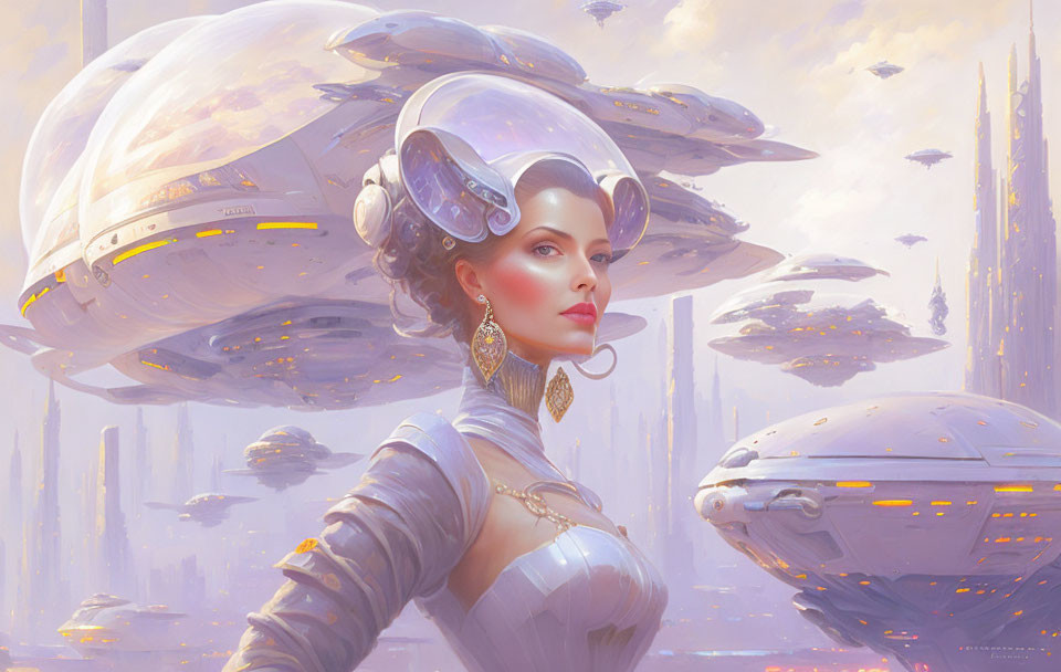 Futuristic portrait of a woman in stylish helmet and suit with airships and towering buildings in soft