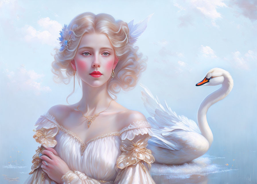 Victorian woman and swan in serene sky scene