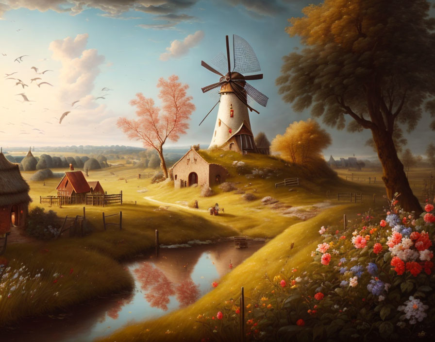 Rural landscape with windmill, cottage, flowers, person, and birds