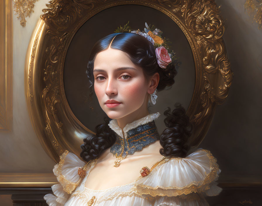 Vintage Portrait of Woman with Dark Hair in Ornate Gold Frame