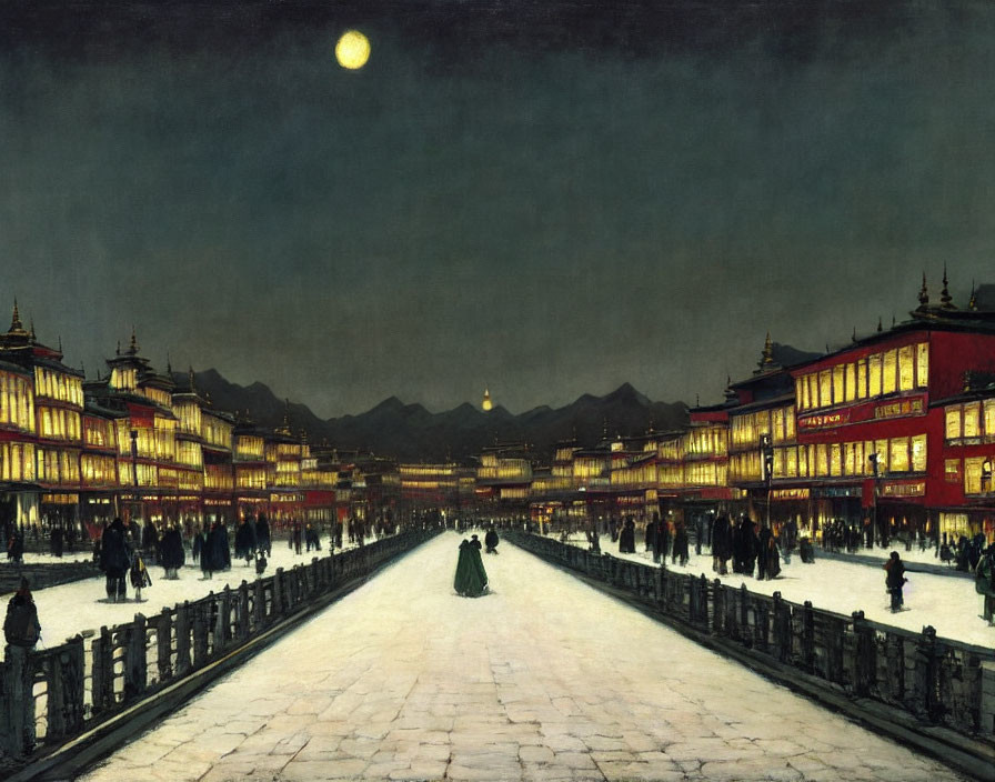 Moonlit square with traditional buildings and bustling crowd under night sky