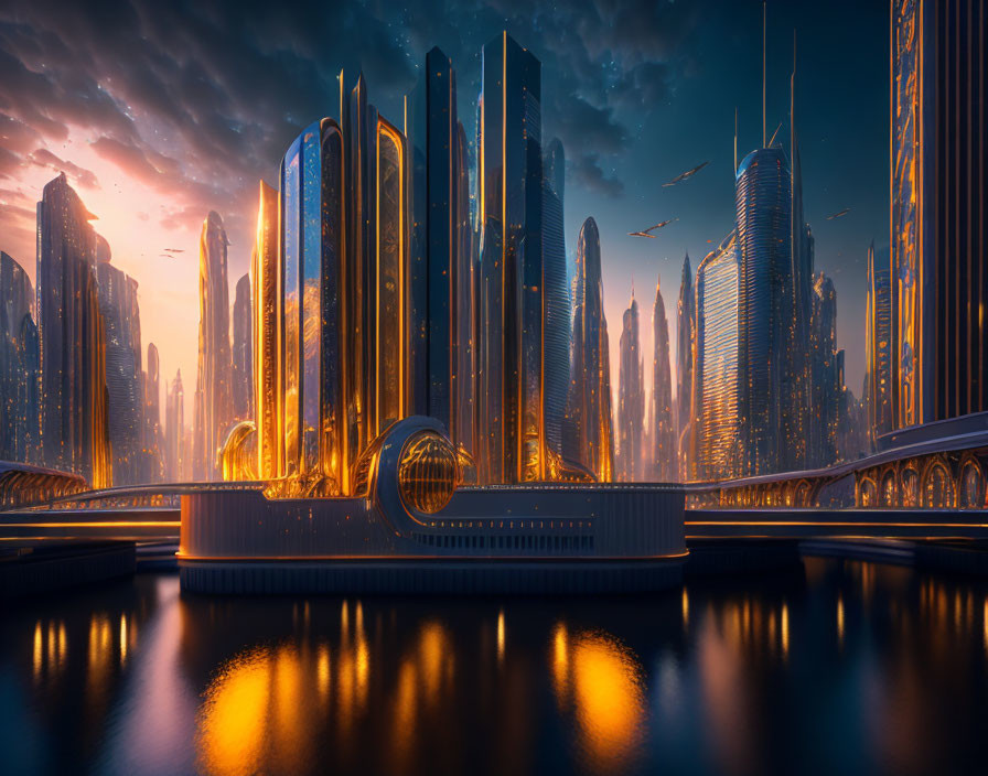 Futuristic cityscape with glowing buildings and flying vehicles at dusk