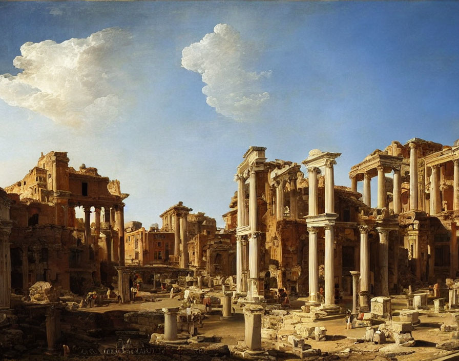 Classical painting of ancient Roman ruins under blue sky