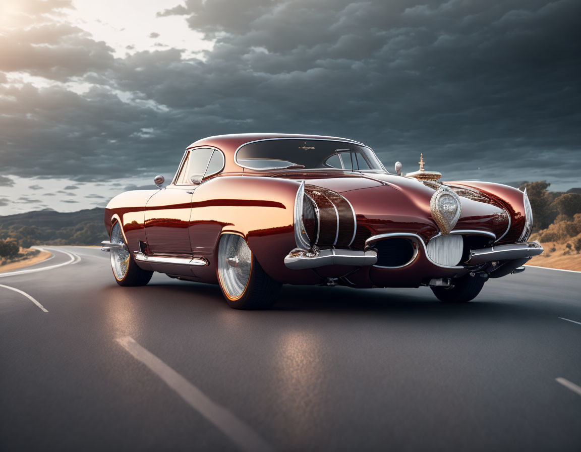 Shiny red classic car with chrome details on empty road at dusk