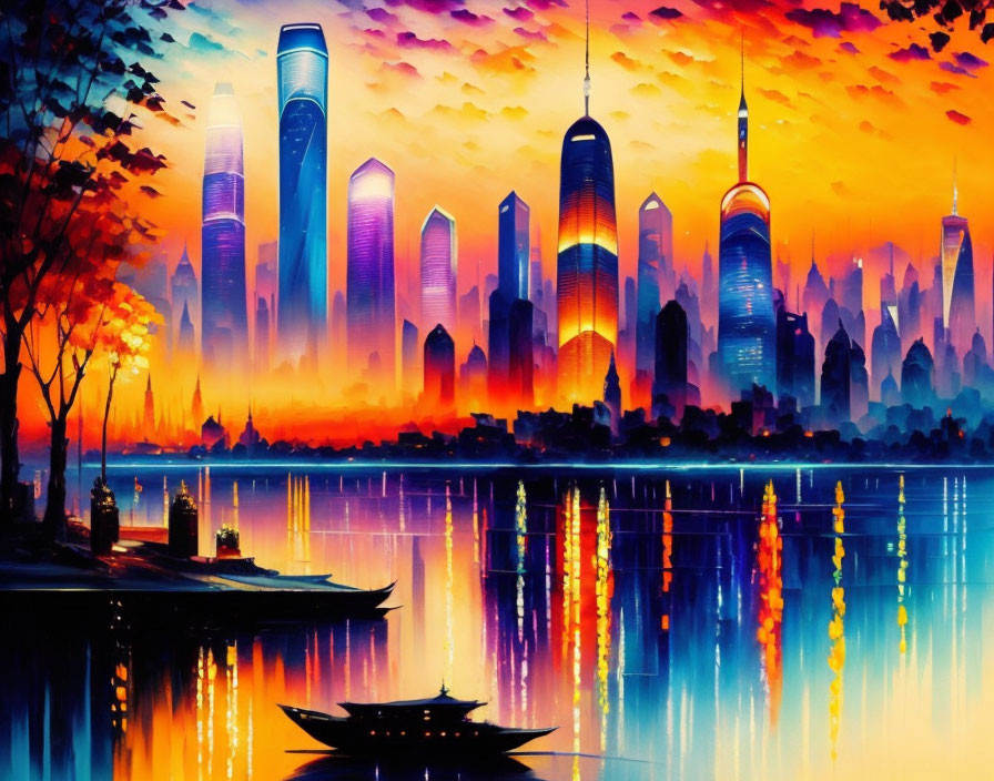 Colorful Futuristic City Skyline Painting at Sunset with Reflections