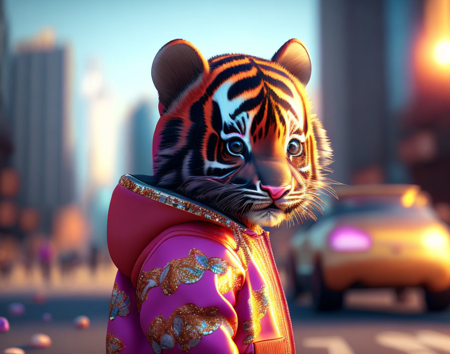 Anthropomorphic tiger in traditional Asian outfit at city street sunset