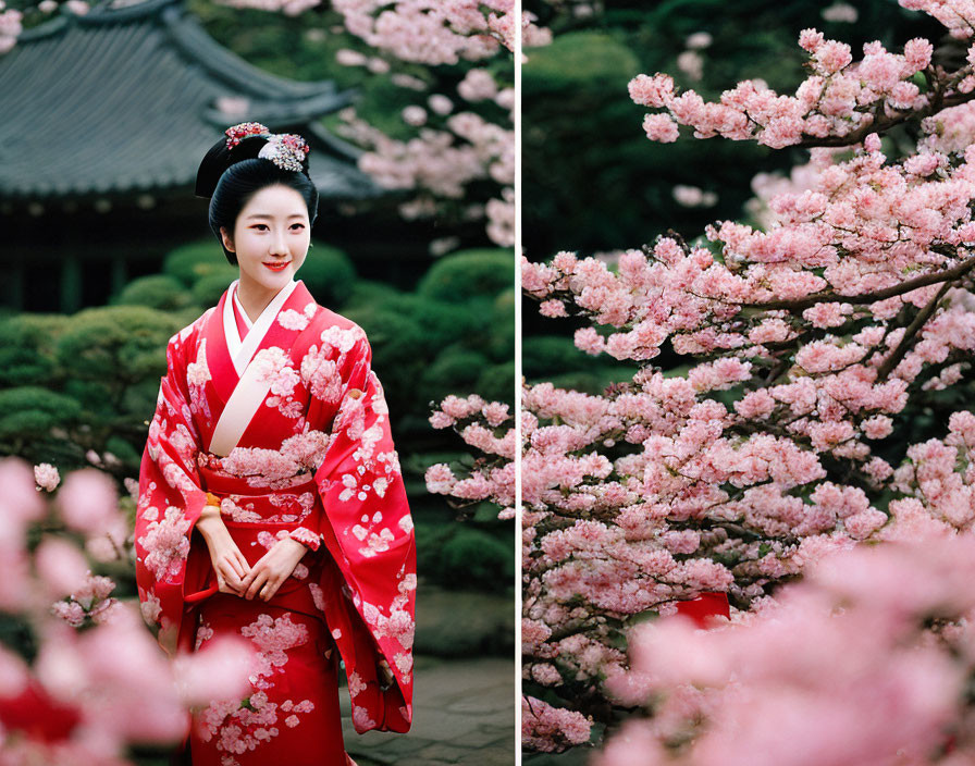 Woman in Red Kimono Surrounded by Cherry Blossoms and Greenery