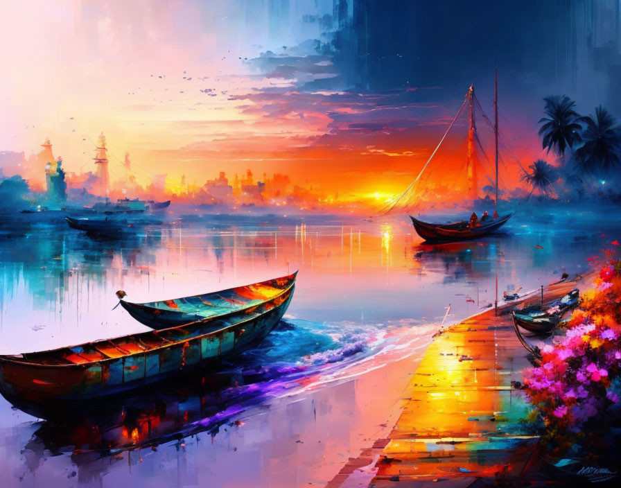 Scenic sunset over tranquil harbor with boats and flower-lined walkway