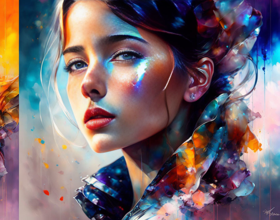 Colorful digital portrait of a woman with blue eyes and swirling accents