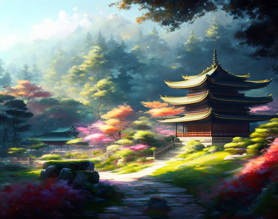 Colorful Trees Surround Serene Pagoda in Mountain Setting