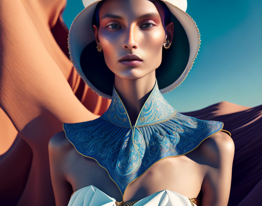 Striking woman in ornate blue collar and white hat on warm-toned background