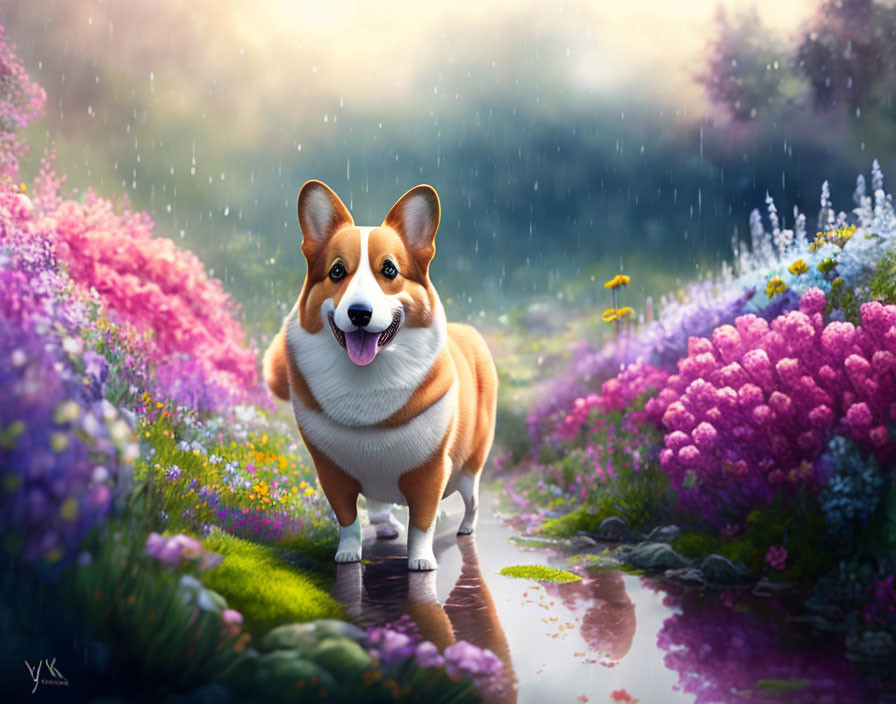 Happy corgi on vibrant path with blooming flowers and gentle stream