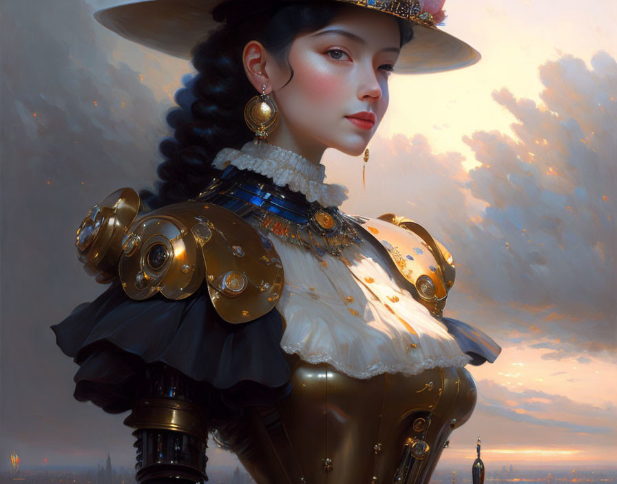 Steampunk-themed woman in ornate outfit against sunset sky