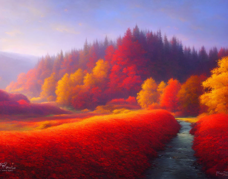 Colorful painting of stream, red foliage, autumn forest in misty backdrop