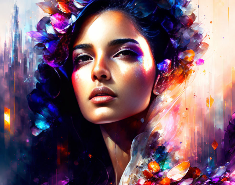 Colorful digital portrait of a woman with crystal-like petals in vibrant, abstract setting