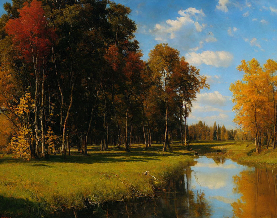 Serene autumn river landscape with red and golden trees