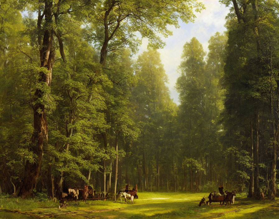 Tranquil forest scene with horse-drawn carriages and serene figures