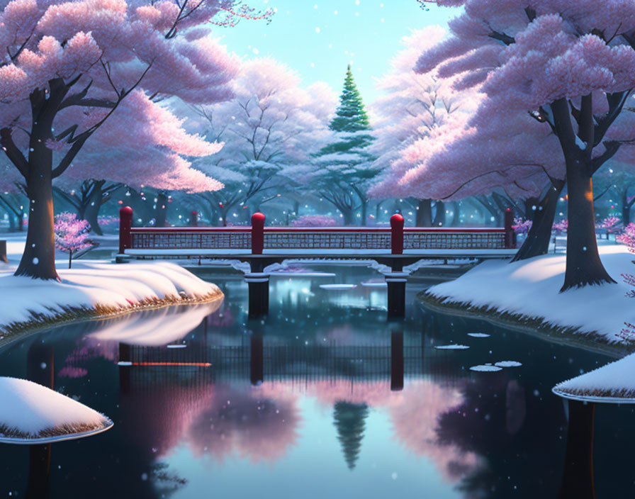 Winter bridge over calm river in snow with pink cherry blossoms