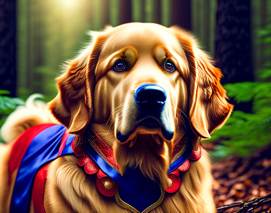 Majestic Golden Retriever in Regal Cape and Medallion in Forest Scene