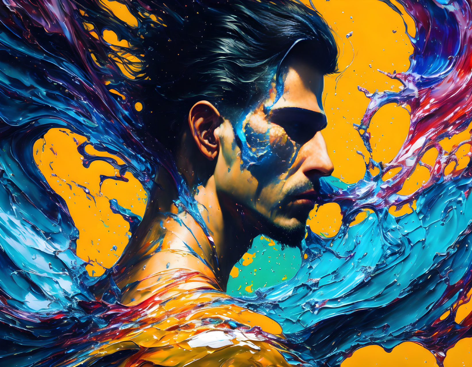 Colorful Swirls of Blue, Orange, and Purple Paint Surrounding a Man