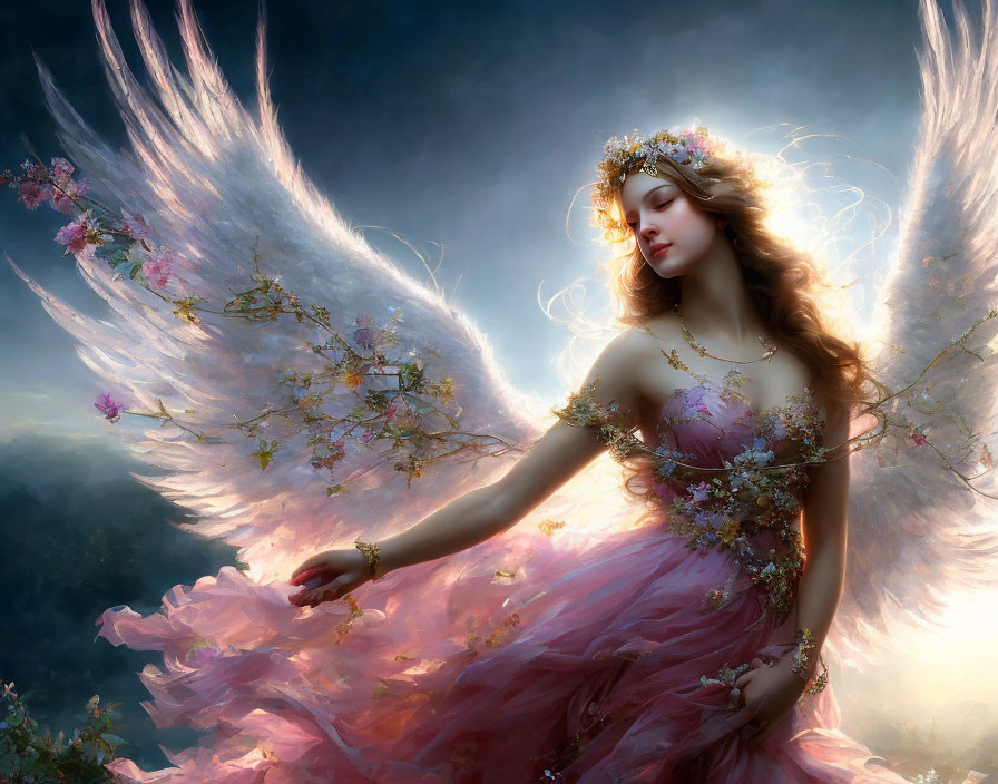 Ethereal angelic figure with floral wings in pink gown