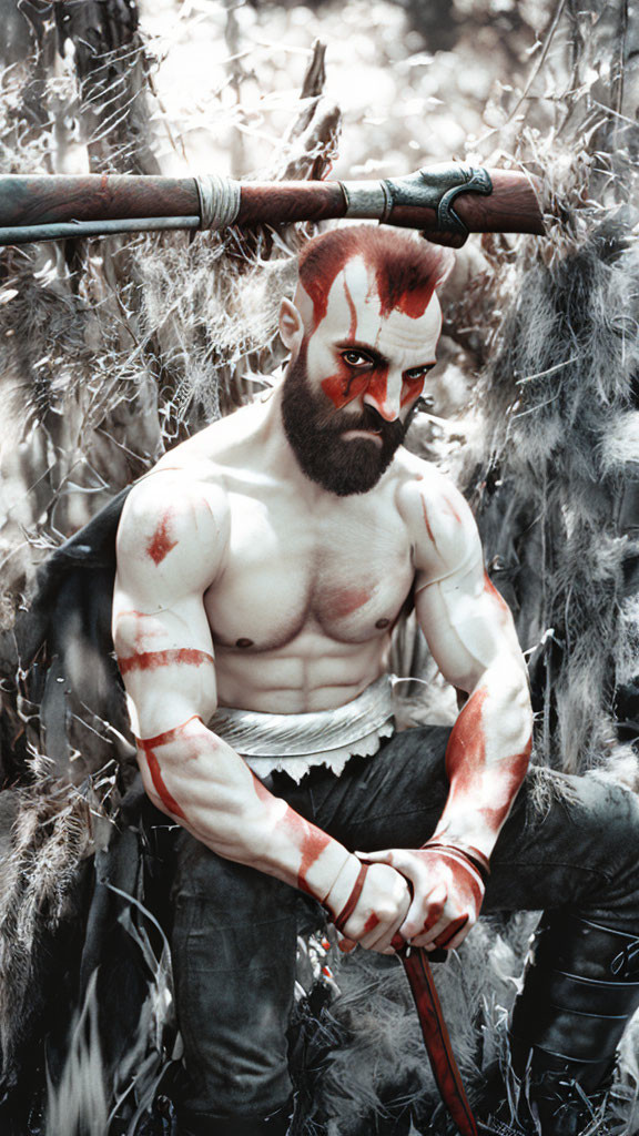 Person with Kratos body paint holding Leviathan Axe in forest setting