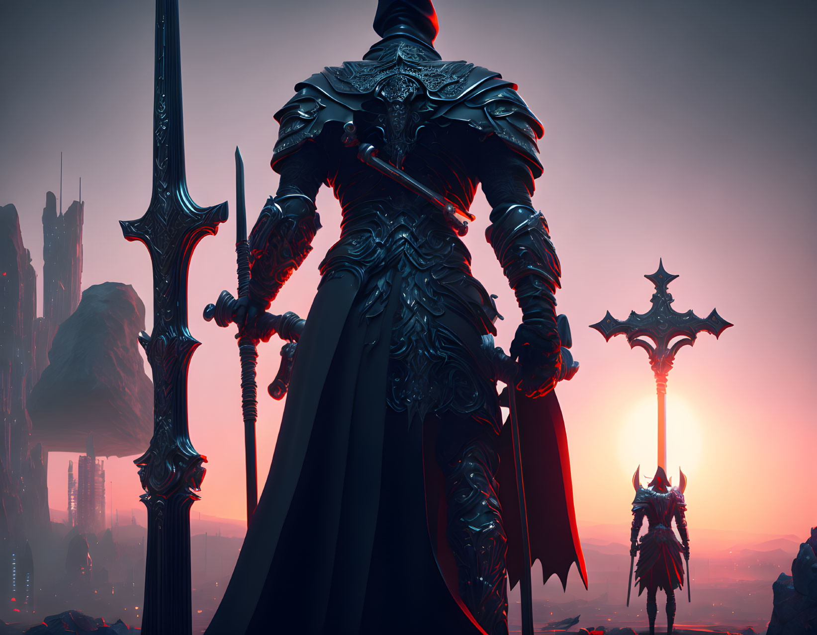 Armored knight with sword in red sunset against alien structures