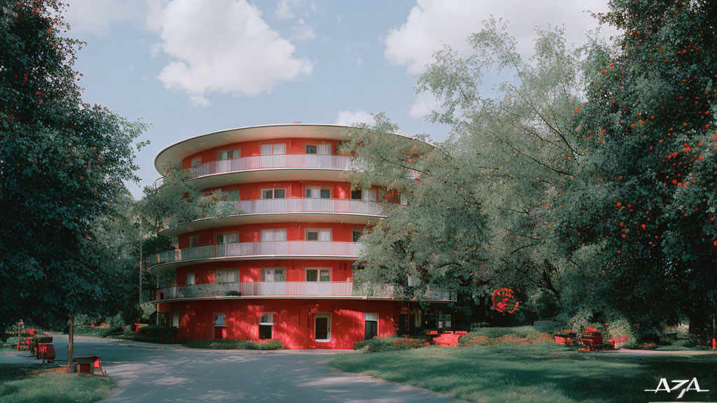 Curved multi-story building with red balconies in green landscape