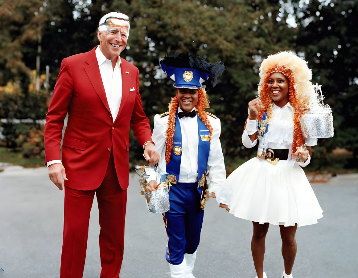 Colorful Costumed Trio Smiling in Red, Blue, and White