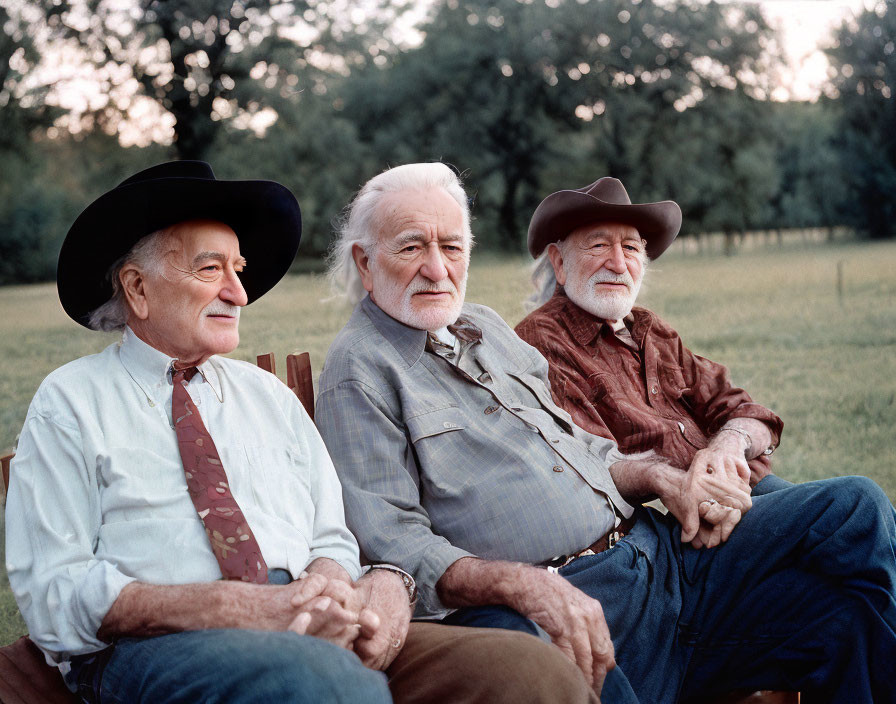 Elderly Men in Cowboy Hats Outdoors with Trees