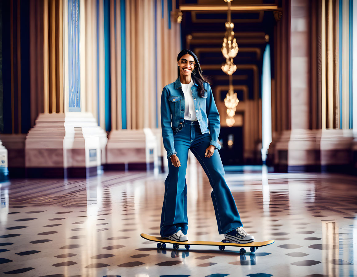 Joyful person in denim outfit skateboarding in elegant hall