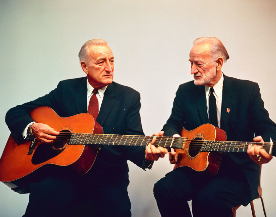 Elderly gentlemen playing acoustic guitars in a plain background