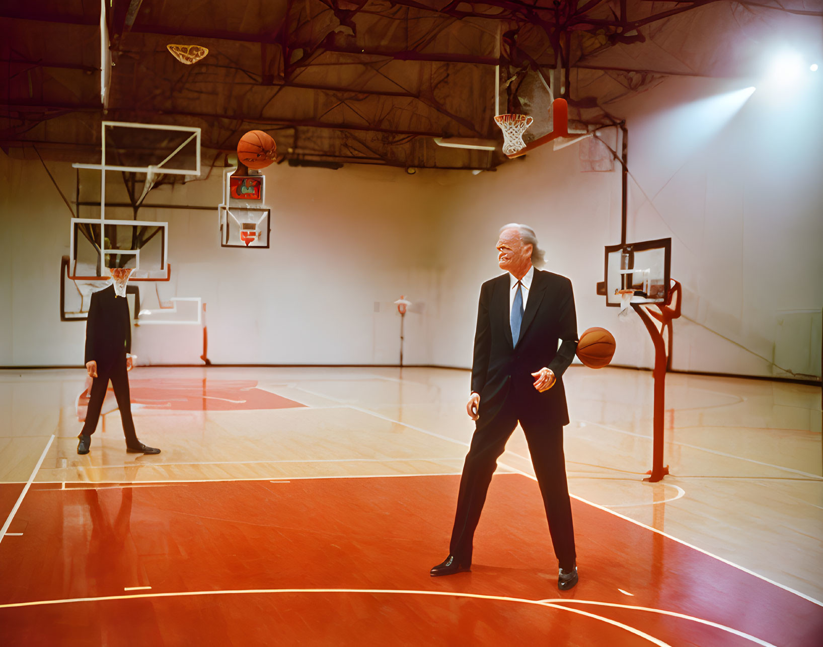 Two men in suits playing basketball on court with multiple hoops.