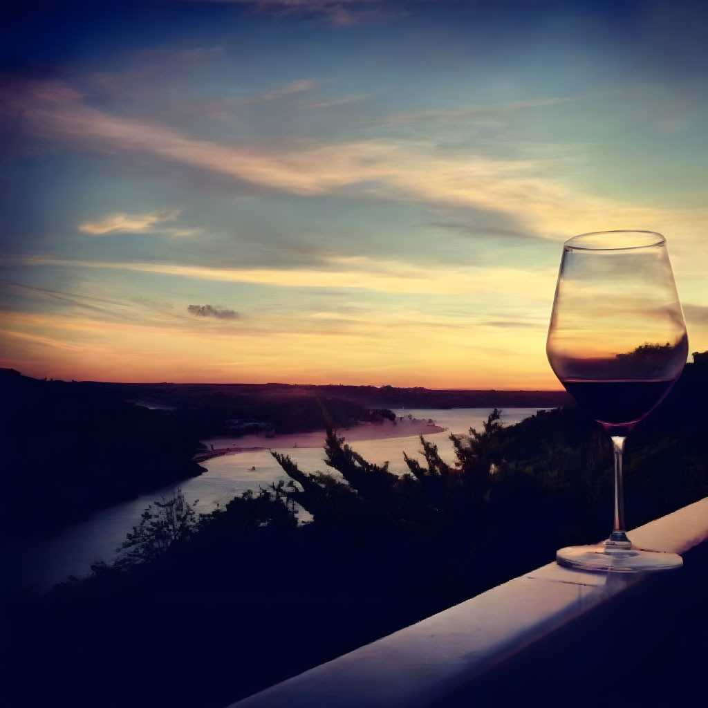 Red wine glass on railing at sunset by winding river.