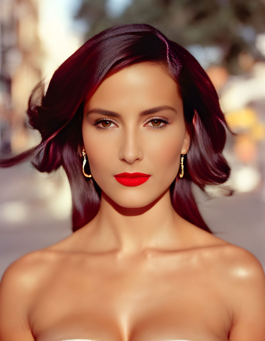 Burgundy-haired woman with red lipstick and earrings in blurred background