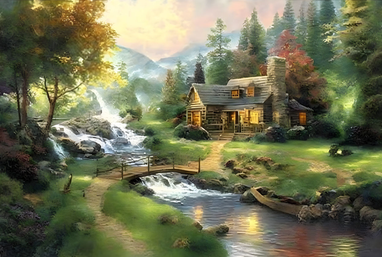 Rustic wooden cabin by stream in serene forest landscape