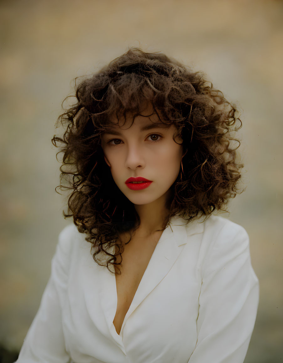 Portrait of woman with voluminous curly hair and red lipstick in white blouse against blurred background