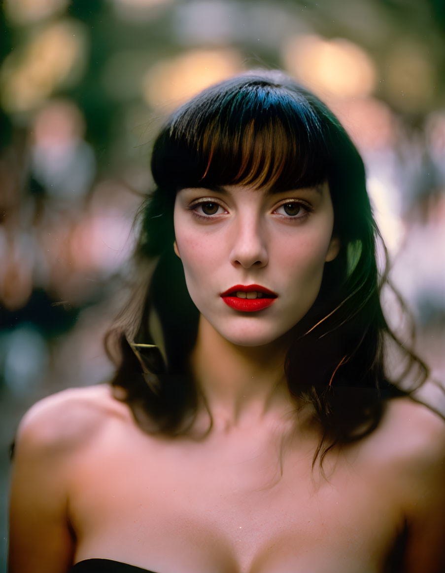 Portrait of woman with bangs and red lipstick in soft focus background