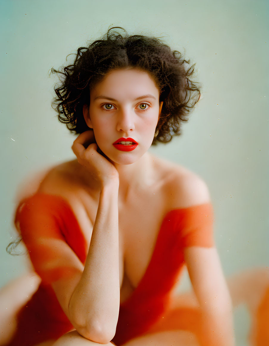 Curly Haired Woman in Red Lipstick and Strapless Top Portrait